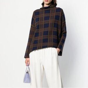Vince Navy and Brown Plaid Funnel Neck Sweater